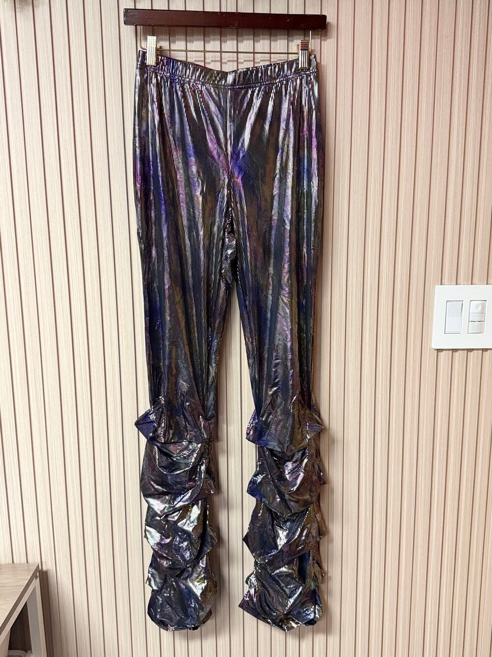 Women's Iridescent Metallic Ruffle Hem Pants Holographic Stretch Size M